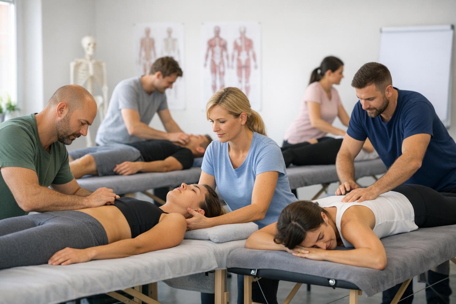 Grupa fizjoterapeutów podczas warsztatów praktycznych - zdjęcie przedstawia uczestników szkolenia ćwiczących techniki manualne
