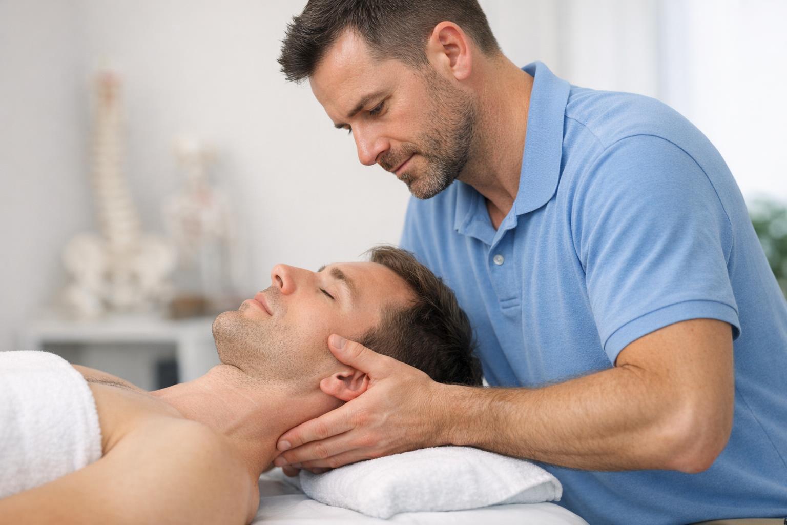 Terapeuta wykonujący technikę manualną na pacjencie - zdjęcie ukazuje delikatne manipulacje w okolicy szyi i głowy