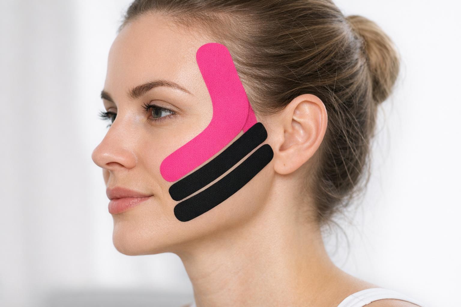 zdjęcie aplikacji taśmy kinesiotaping na boczną część twarzy