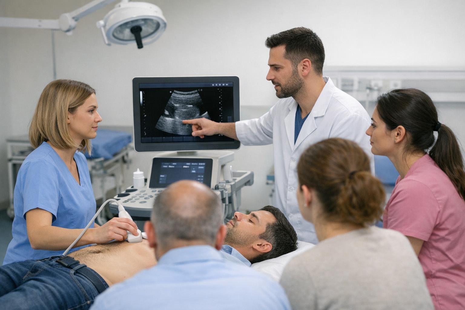 Zdjęcie: grupa kursantów podczas praktycznego kursu ultrasonografii