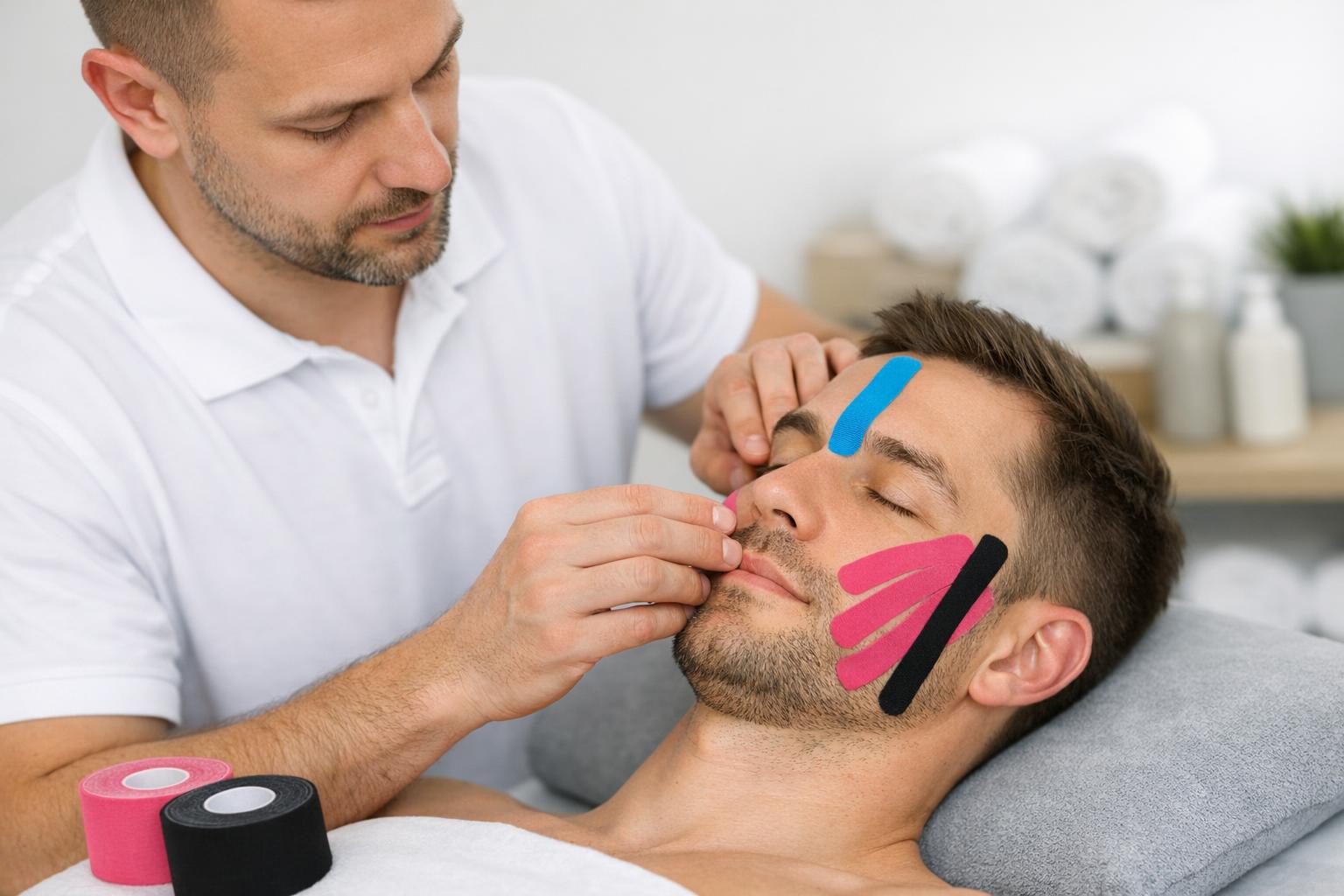 Zdjęcie: terapeuta aplikujący taśmy kinesiotaping na twarz pacjenta