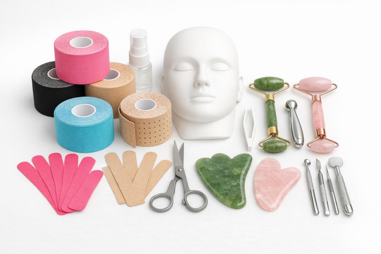 Zdjęcie: zestaw taśm kinesiotaping i akcesoria do pracy na twarzy