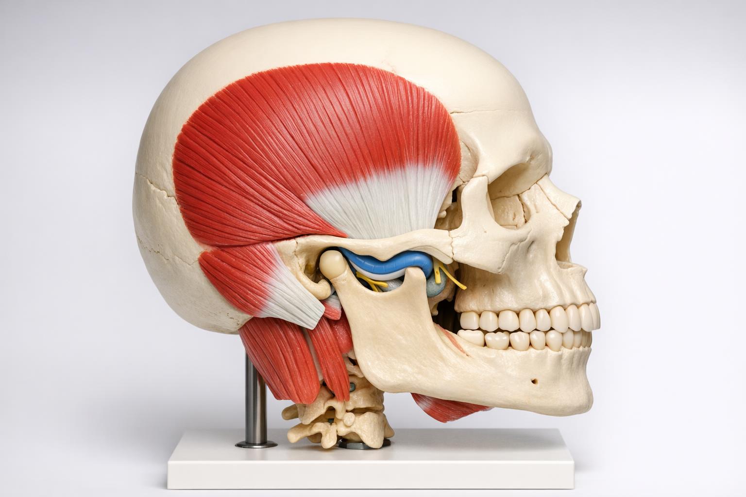 zdjęcie modelu anatomicznego stawu skroniowo‑żuchwowego z zaznaczonymi mięśniami i strukturami