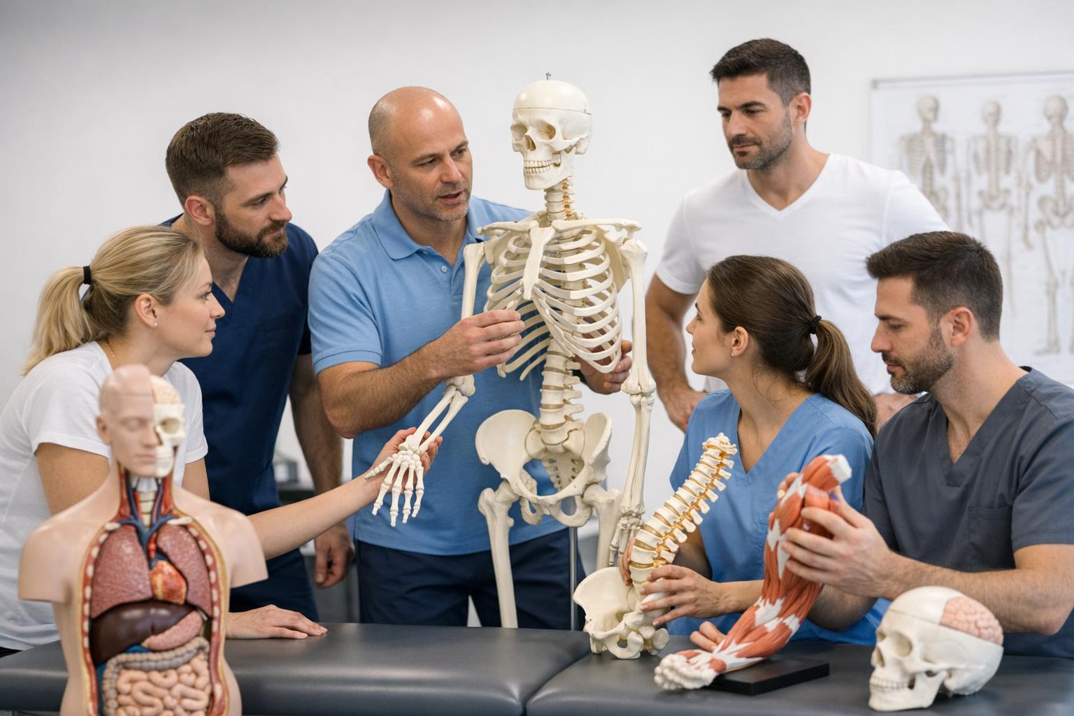 Zdjęcie: grupa fizjoterapeutów na szkoleniu praktycznym z użyciem modeli anatomicznych